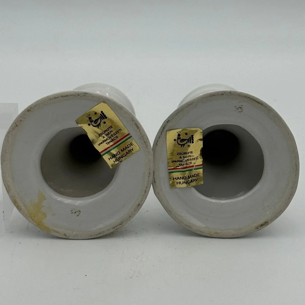 Vintage Hand Painted Hungary Folk Art Ceramic Candlestick Holders Set of 2 White